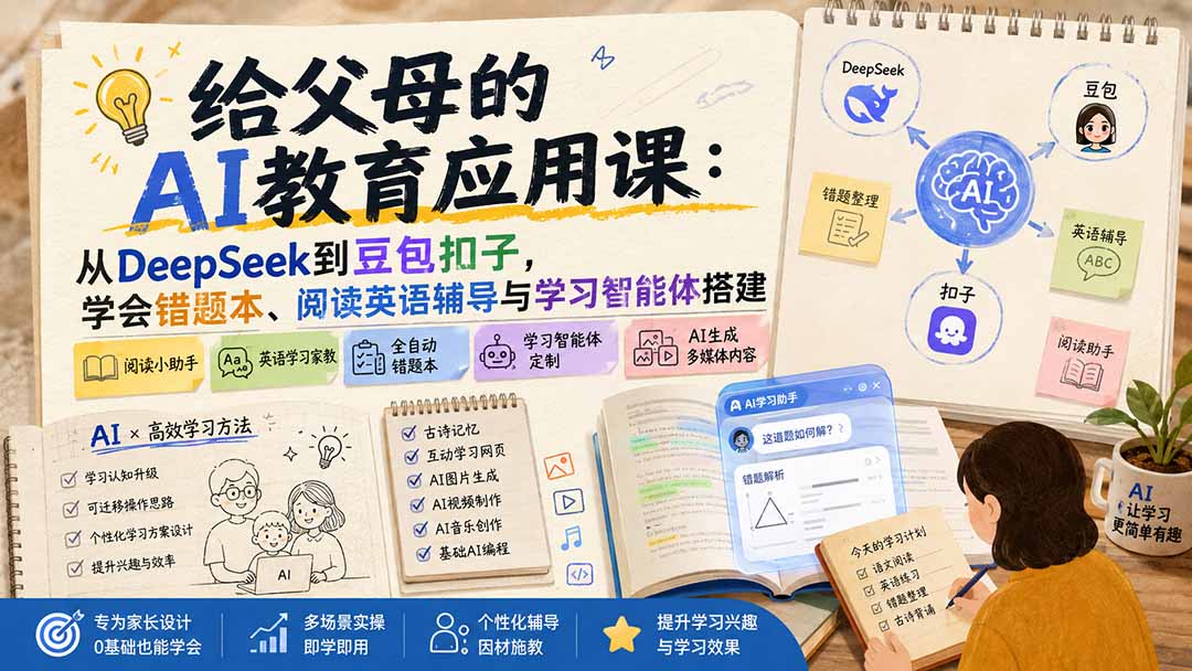 给父母的AI教育应用课：从DeepSeek到豆包扣子，学会错题本、阅读英语辅导与学习智能体搭建-云创网