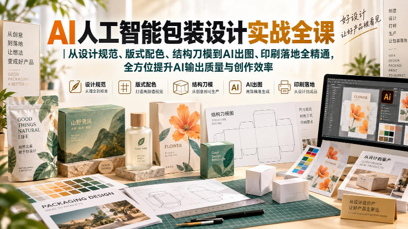 AI人工智能包装设计实战全课｜从设计规范、版式配色、结构刀模到AI出图、印刷落地全精通-云创网
