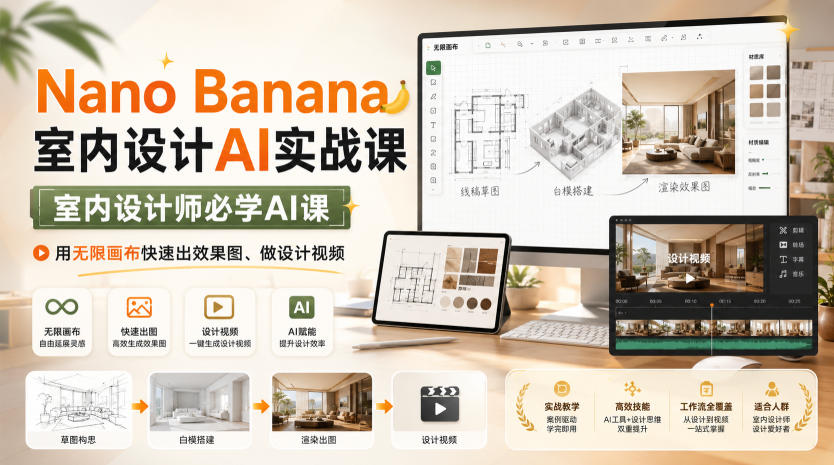 Nano Banana室内设计AI实战课，室内设计师必学AI课，用无限画布快速出效果图、做设计视频-云创网