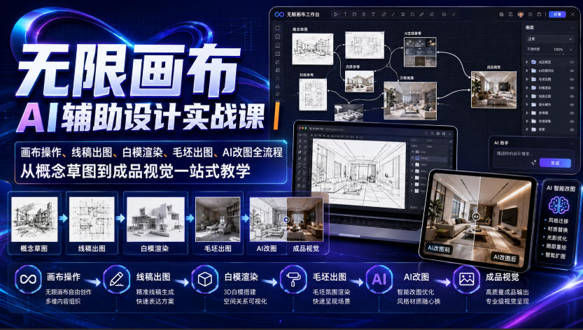 无限画布AI辅助设计实战课｜画布操作、线稿出图、白模渲染、毛坯出图、AI改图全流程，从概念草图到成品视觉一站式教学-云创网