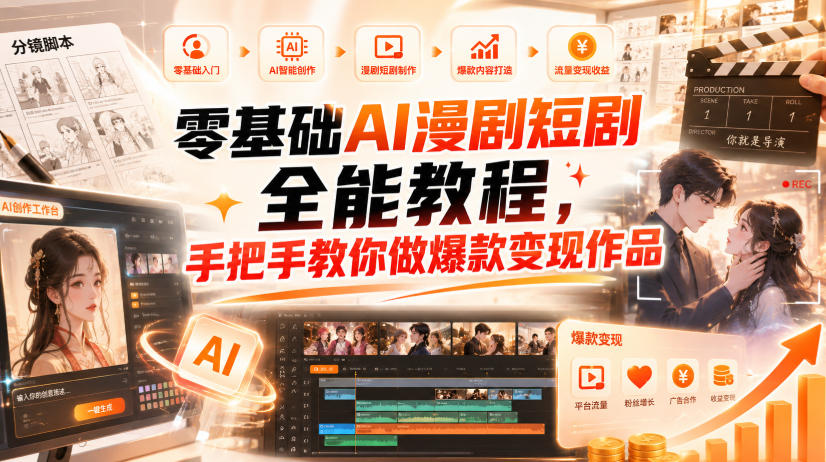 零基础AI漫剧短剧全能教程，从AI智能体搭建、文案脚本分镜、多平台AI生视频、剪映精修，覆盖全题材创作，手把手教你做爆款变现作品-云创网