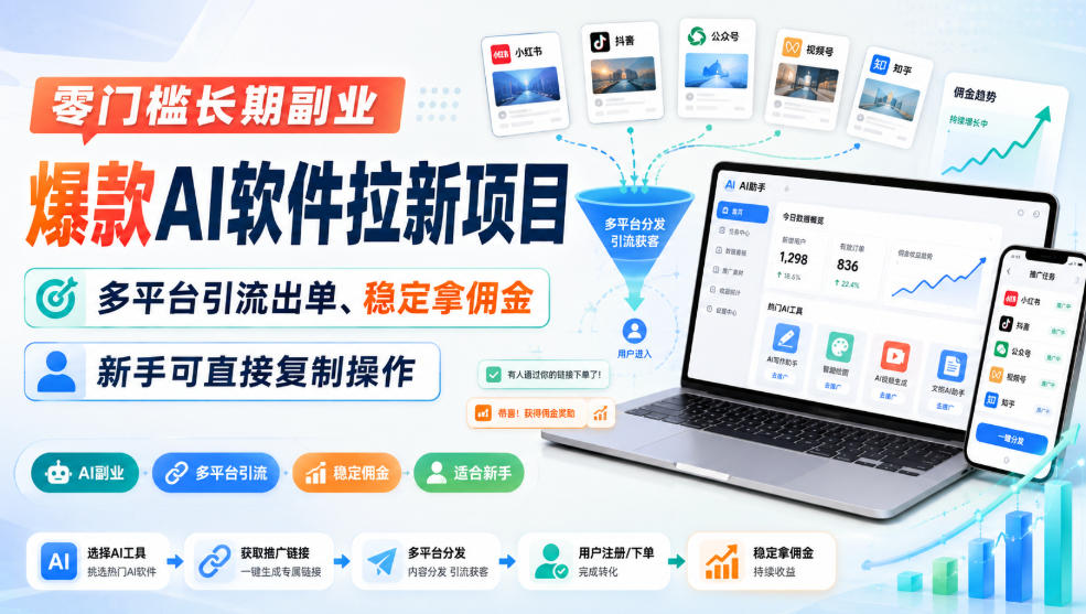 零门槛长期副业，爆款AI软件拉新项目，多平台引流出单、稳定拿佣金，新手可直接复制操作-云创网