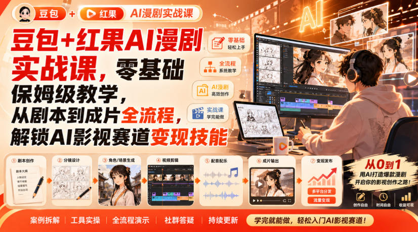 豆包+红果AI漫剧实战课，零基础保姆级教学，从剧本到成片全流程，解锁AI影视赛道变现技能-云创网