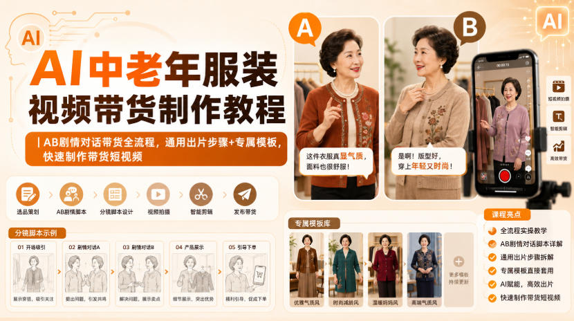 AI中老年服装视频带货制作教程｜AB剧情对话带货全流程，通用出片步骤+专属模板，快速制作带货短视频-云创网