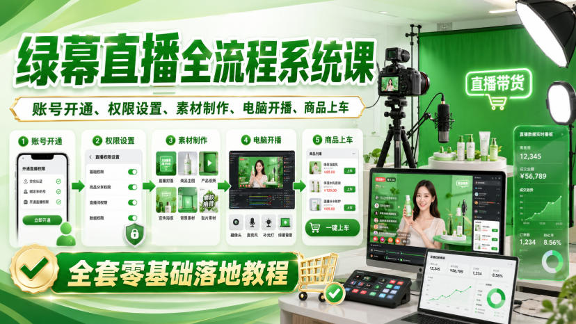 绿幕直播全流程系统课，账号开通、权限设置、素材制作、电脑开播、商品上车全套零基础落地教程-云创网