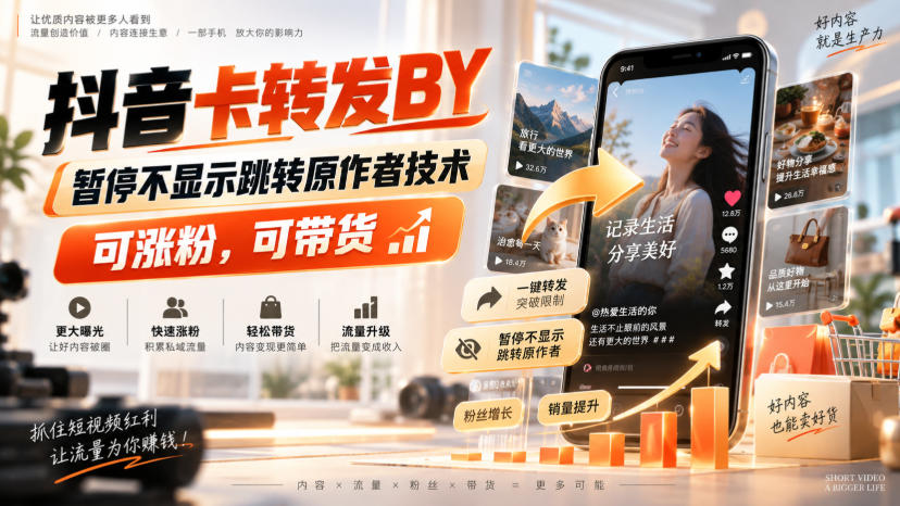 抖音卡转发搬运，暂停不显示跳转原作者技术，可涨粉，可带货-云创网