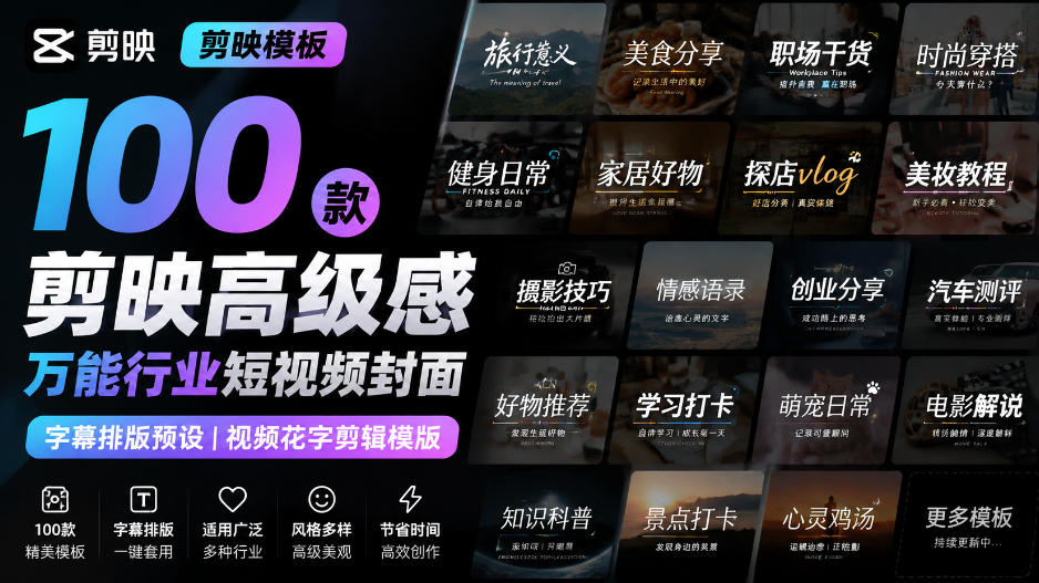【剪映模板】100款剪映高级感万能行业短视频封面字幕排版预设视频花字剪辑模版-云创网