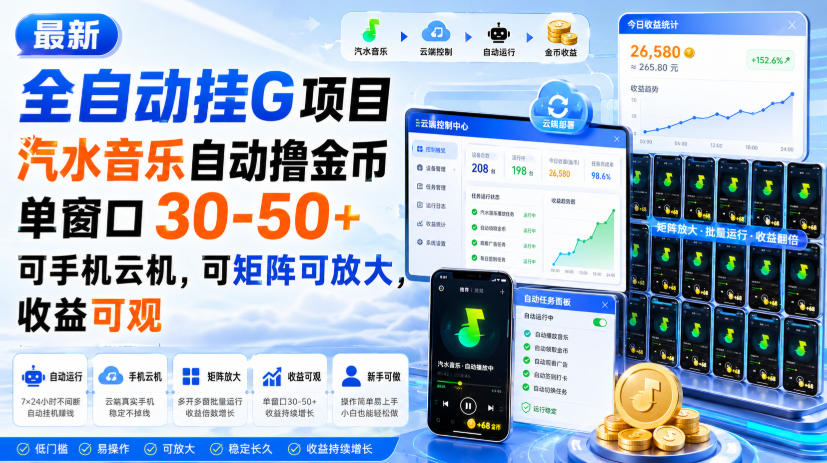 最新全自动挂G项目，汽水音乐自动撸金币单窗口30-50+，可手机云机，可矩阵可放大，收益可观-云创网