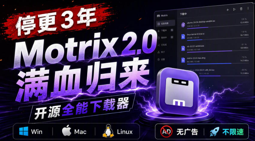 停更3年，Motrix 2.0满血归来：开源全能下载器，Win/Mac/Linux通吃，无广告不限速-云创网