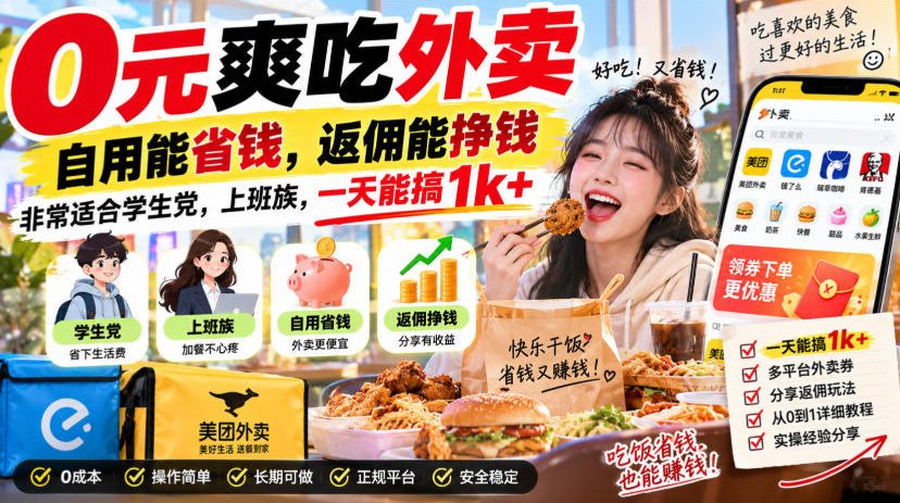 0元爽吃外卖，自用能省钱，返佣能挣钱，非常适合学生党，上班族，一天能搞1k+-云创网