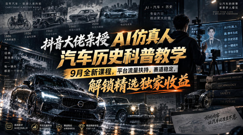 抖音大佬亲授AI仿真人汽车历史科普教学，9月全新课程，平台流量扶持，赛道稳定，解锁精选独家收益-云创网