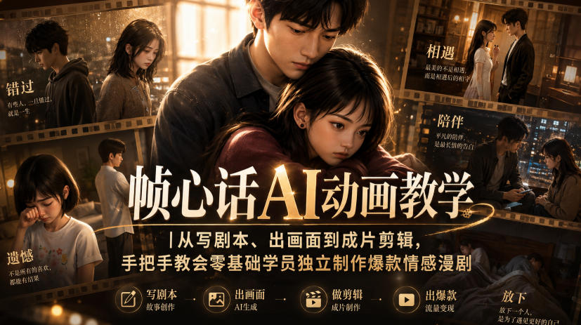 帧心话AI动画教学｜从写剧本、出画面到成片剪辑，手把手教会零基础学员独立制作爆款情感漫剧-云创网