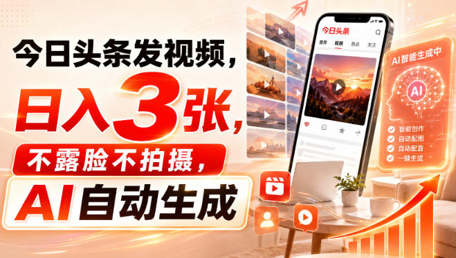 今日头条发视频，日入3张，不露脸不拍摄，AI自动生成-云创网