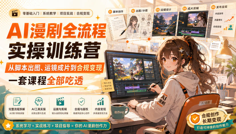 AI漫剧全流程实操训练营，从脚本出图、运镜成片到合规变现，一套课程全部吃透-云创网