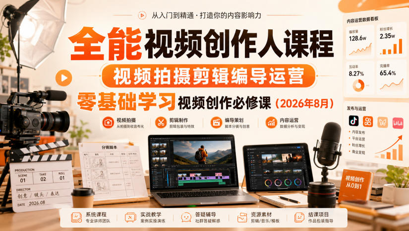 全能视频创作人课程，视频拍摄剪辑编导运营，零基础学习视频创作必修课(2026年8月)-云创网