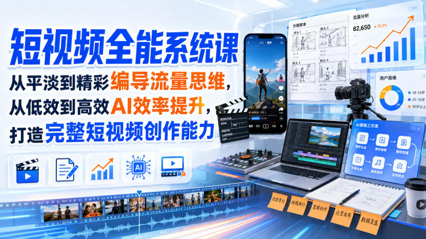 短视频全能系统课，从平淡到精彩编导流量思维，从低效到高效AI效率提升，打造完整短视频创作能力(2026年8月30更新233集)-云创网