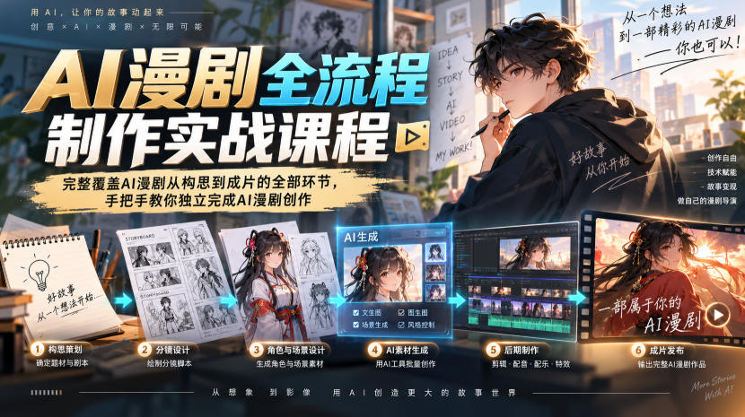 AI漫剧全流程制作实战课程，完整覆盖AI漫剧从构思到成片的全部环节，手把手教你独立完成AI漫剧创作-云创网