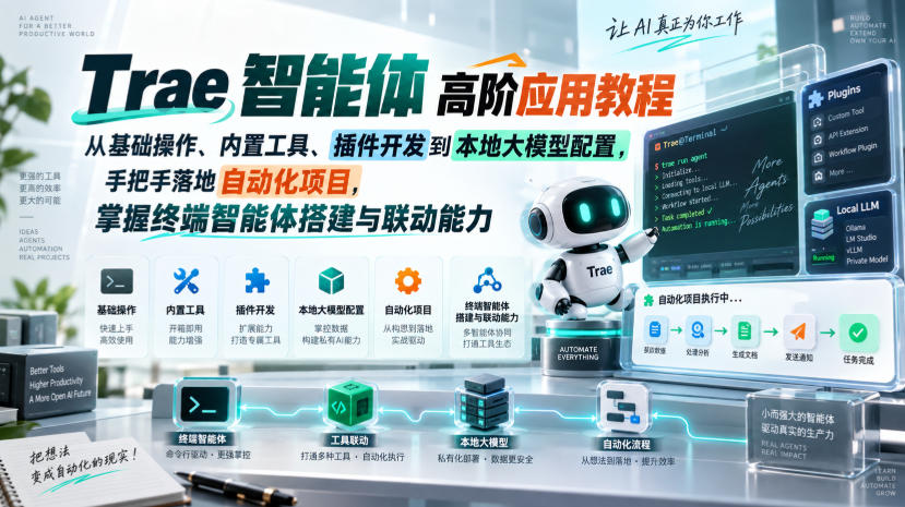 Trae智能体高阶应用教程，从基础操作、内置工具、插件开发到本地大模型配置，手把手落地自动化项目-云创网