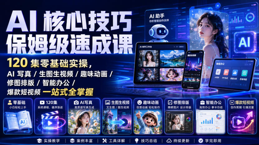 AI核心技巧保姆级速成课｜120集零基础实操，AI写真/生图生视频/趣味动画/修图排版/智能办公/爆款短视频一站式全掌握(更新)-云创网