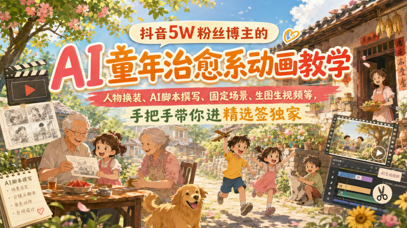 抖音5W粉丝博主的AI童年治愈系动画教学，人物换装、AI脚本撰写、固定场景、生图生视频等，手把手带你进精选签独家-云创网