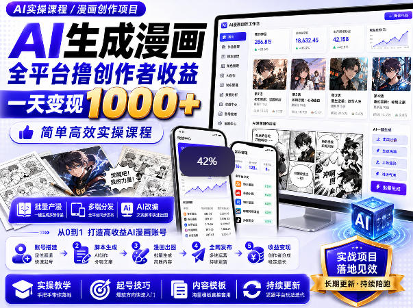 AI生成漫画全平台撸创作者收益内部课程，实操最高单日变现1k+-云创网