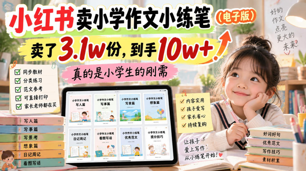 小红书卖小学作文小练笔(电子版)，卖了3.1w份，到手10w+，真的是小学生的刚需-云创网