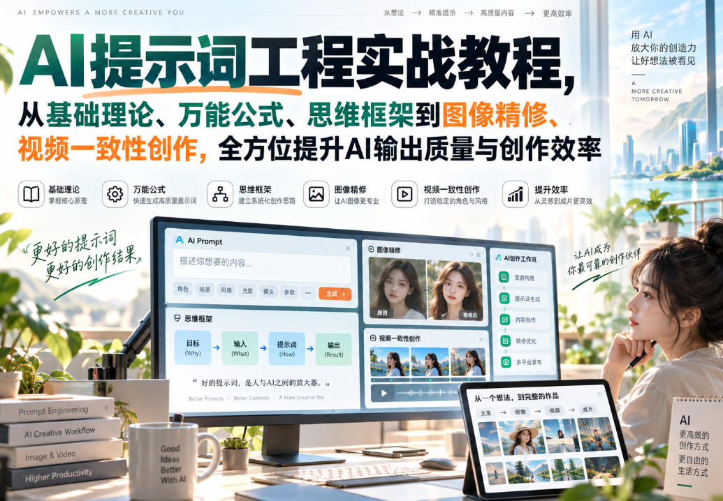 AI提示词工程实战教程，从基础理论、万能公式、思维框架到图像精修、视频一致性创作，全方位提升AI输出质量与创作效率-云创网