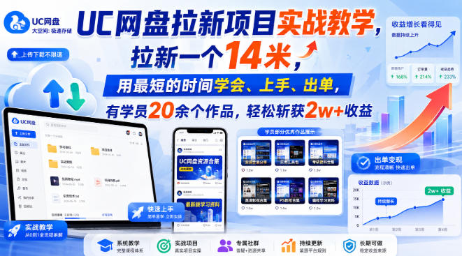 UC网盘拉新项目实战教学，拉新一个14米，用最短的时间学会、上手、出单，有学员20余个作品，轻松斩获2w+收益-云创网