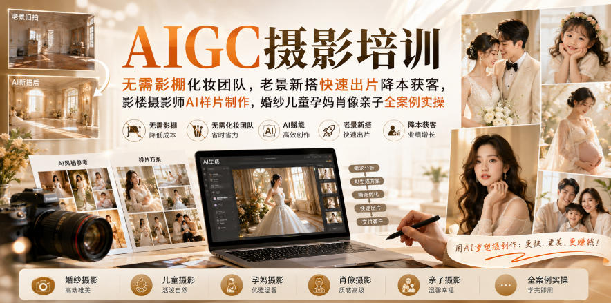 AIGC摄影培训｜无需影棚化妆团队，老景新搭快速出片降本获客，影楼摄影师AI样片制作，婚纱儿童孕妈肖像亲子全案例实操-云创网