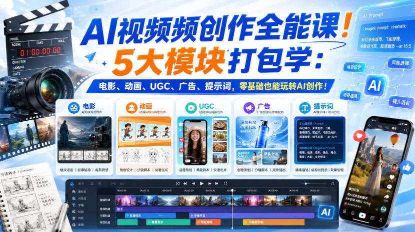 AI视频频创作全能课！5大模块打包学：电影、动画、UGC、广告、提示词，零基础也能玩转AI创作！【原创双语字幕】-云创网