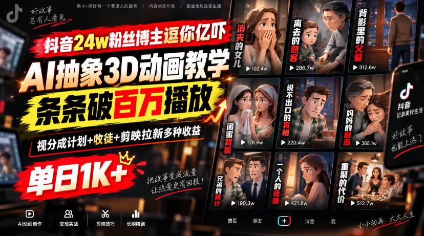 抖音24w粉丝博主逗你亿吓AI抽象3D动画教学，条条破百万播放，分成计划+收徒+剪映拉新多种收益，单日1K+-云创网