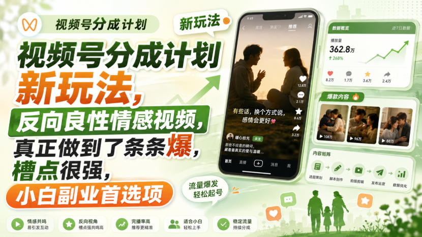 视频号分成计划新玩法，反向良性情感视频，真正做到了条条爆，槽点很强，小白副业首选项-云创网