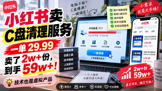 小红书卖C盘清理服务，一单29.99，卖了2w+份，技术也是虚拟产品-云创网