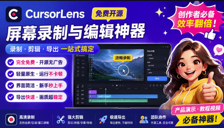 CursorLens免费开源录屏工具，支持自动缩放，教程视频录制必备神器-云创网