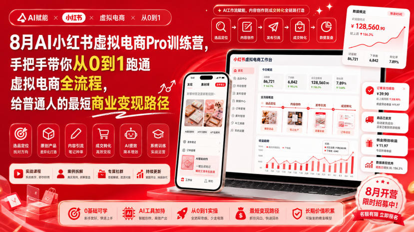 8月AI小红书虚拟电商Pro训练营，手把手带你从0到1跑通虚拟电商全流程，给普通人的最短商业变现路径(更新0903)-云创网