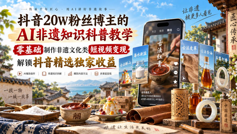 抖音20W粉丝博主的AI非遗知识科普教学，零基础制作非遗文化类短视频变现，解锁抖音精选独家收益-云创网