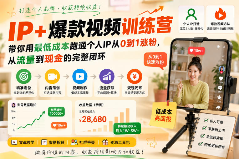 IP+爆款视频训练营，带你用最低成本跑通个人IP从0到1涨粉，从流量到现金的完整闭环-云创网