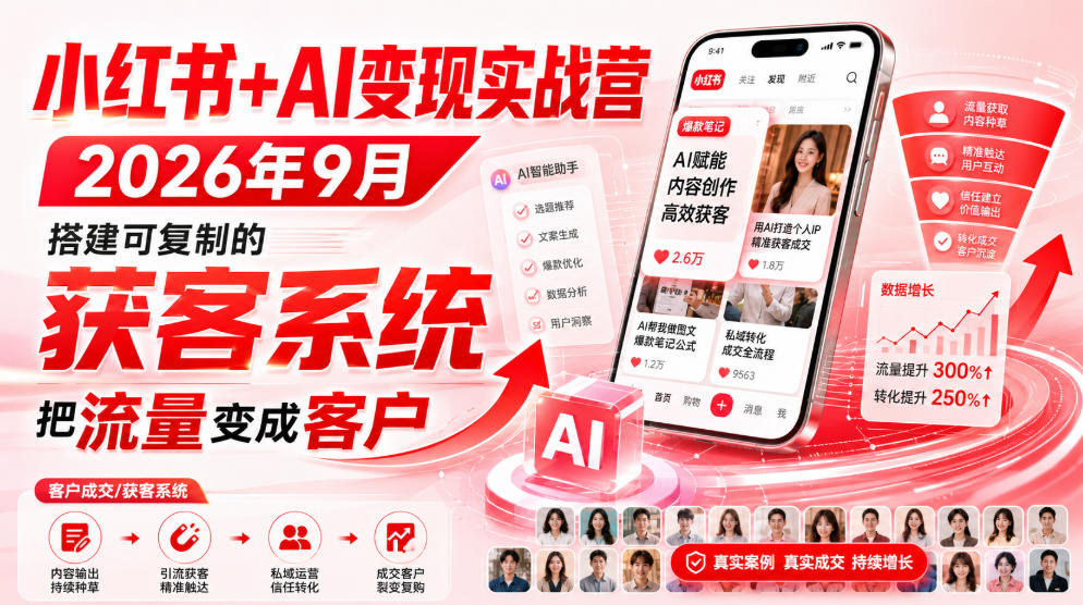 小红书+AI变现实战营2026年9月，搭建可复制的获客系统，把流量变成客户！-云创网
