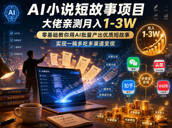 AI小说短故事项目，大佬亲测月入1-3W，零基础教你用AI批量产出优质短故事，实现一稿多吃多渠道变现(更新0824)-云创网