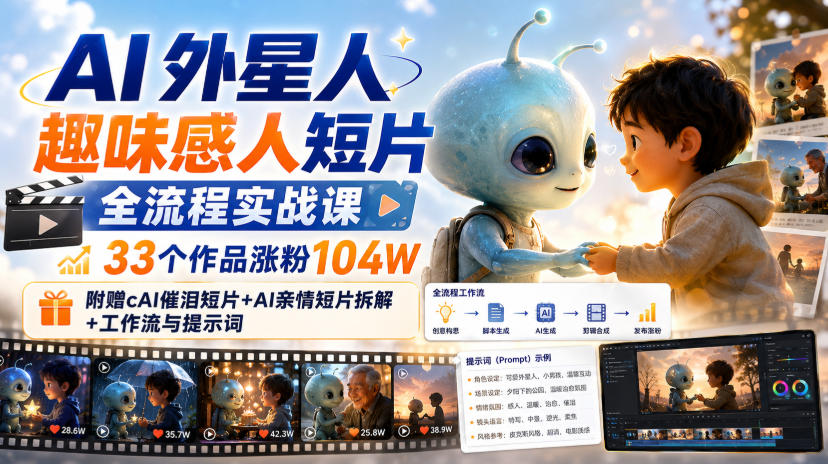 AI外星人趣味感人短片全流程实战课，33个作品涨粉104W，附赠AI催泪短片+AI亲情短片拆解+工作流与提示词-云创网
