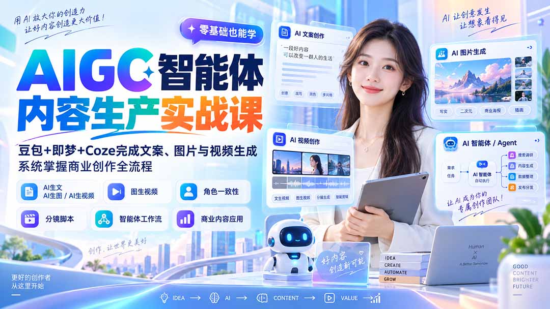 AIGC智能体内容生产实战课：豆包+即梦+Coze完成文案、图片与视频生成，系统掌握商业创作全流程-云创网