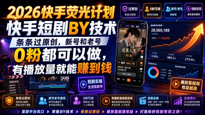 2026快手荧光计划，快手短剧搬运技术，条条过原创，新号和老号0粉都可以做，有播放量就能賺到钱-云创网