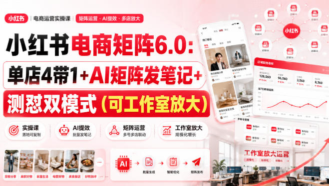 小红书电商矩阵6.0：单店4带1+AI矩阵发笔记+测怼双模式(可工作室放大)-云创网