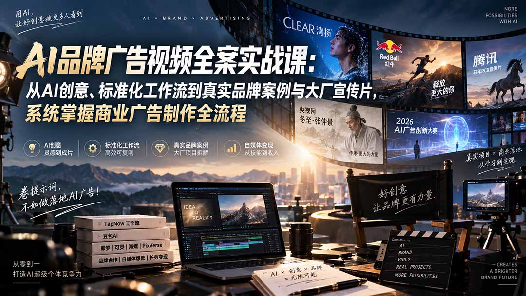 AI品牌广告视频全案实战课：从AI创意、标准化工作流到真实品牌案例与大厂宣传片，系统掌握商业广告制作全流程-云创网