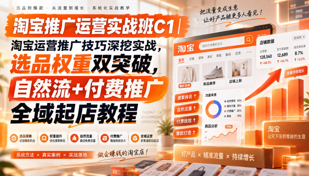 淘宝推广运营实战班C1｜淘宝运营推广技巧深挖实战，选品权重双突破，自然流+付费推广全域起店教程-云创网