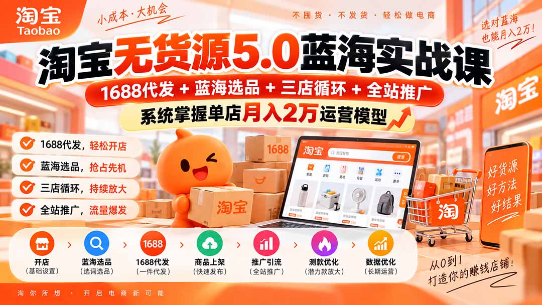 淘宝无货源5.0蓝海实战课-更新：1688代发+蓝海选品+三店循环+全站推广，系统掌握单店月入2万运营模型-云创网