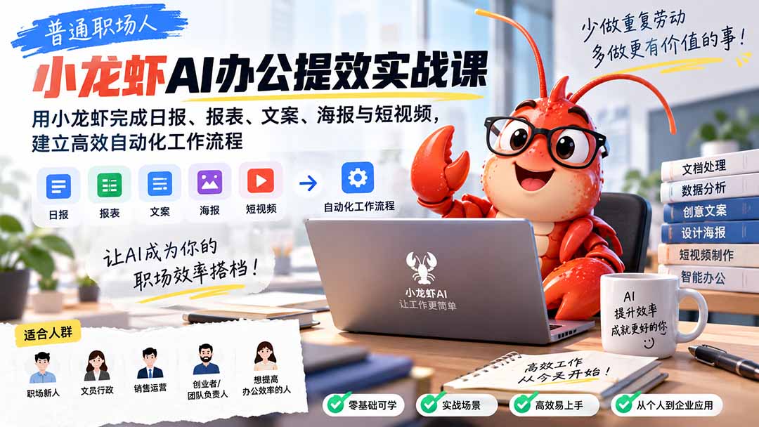 普通职场人AI办公提效实战课：用小龙虾完成日报、报表、文案、海报与短视频，建立高效自动化工作流程-云创网
