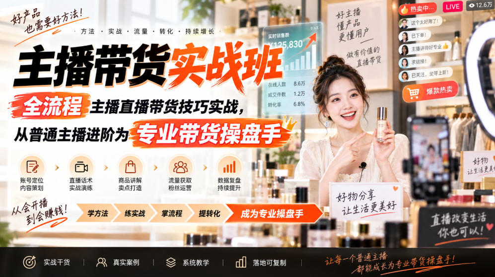 主播带货实战班ZB，全流程主播直播带货技巧实战，从普通主播进阶为专业带货操盘手-云创网