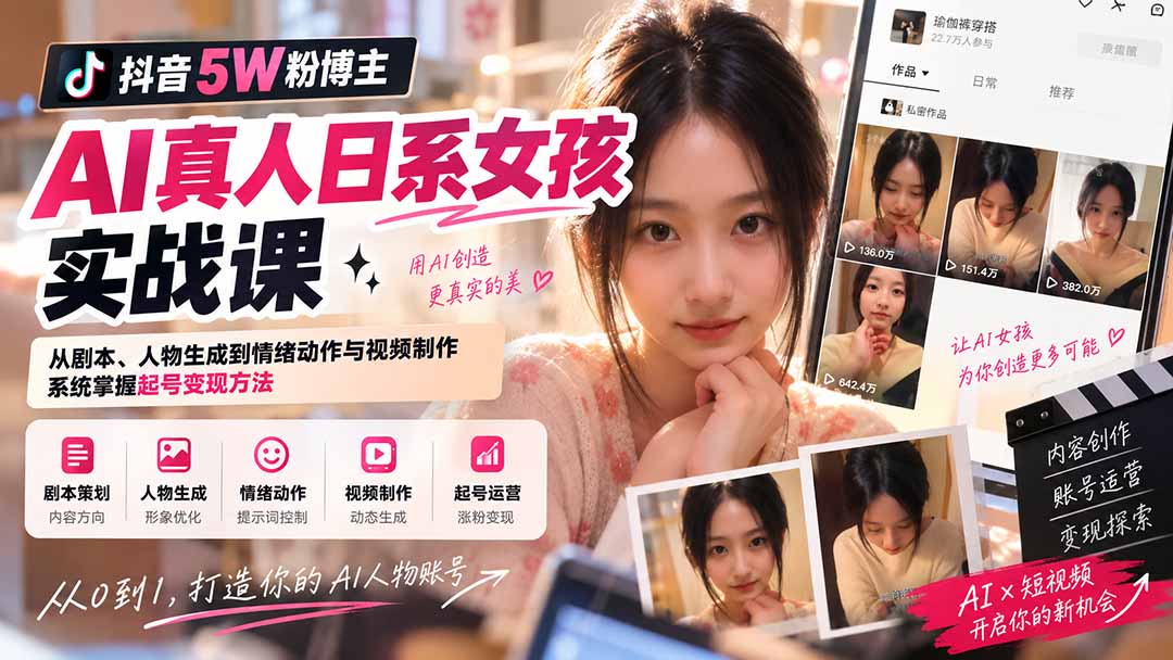 抖音5W粉博主AI真人日系女孩实战课：从剧本、人物生成到情绪动作与视频制作，系统掌握起号变现方法-云创网