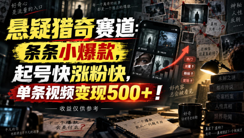 悬疑猎奇赛道：条条小爆款，起号快涨粉快，单条视频变现500+！收益仅供参考-云创网